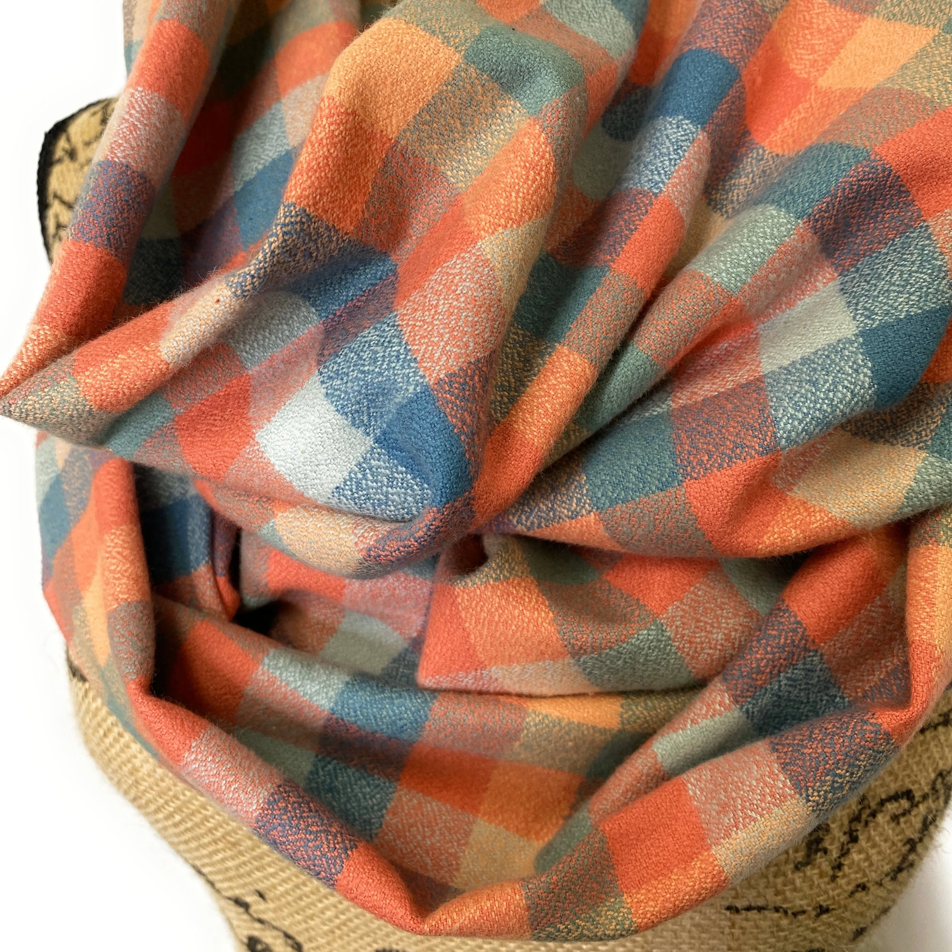 100% Organic Cotton Dusty Peach, Coral and Blue Block Plaid Infinity and Blanket Scarves