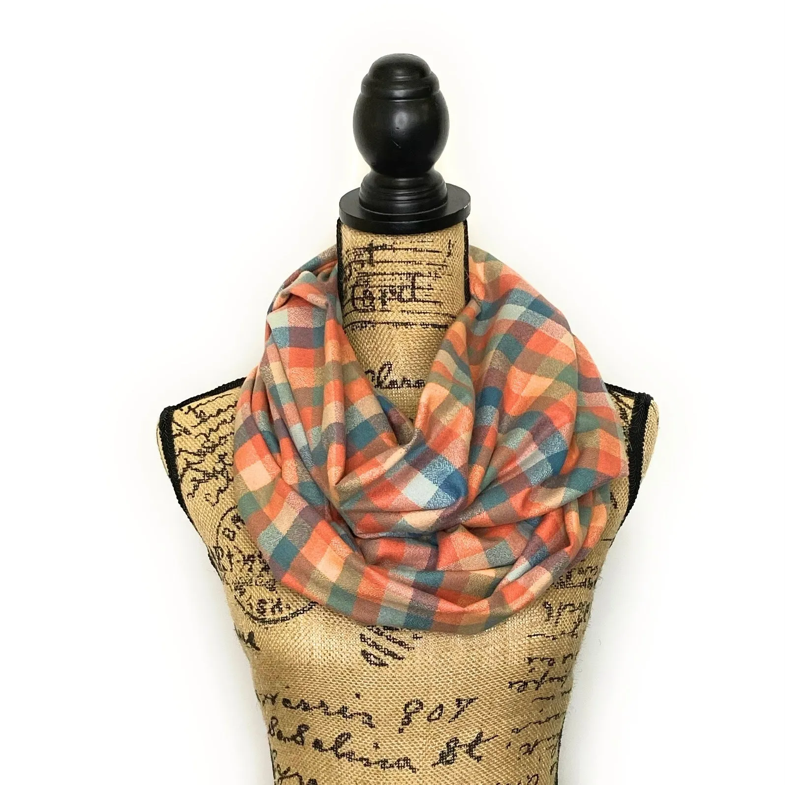 100% Organic Cotton Dusty Peach, Coral and Blue Block Plaid Infinity and Blanket Scarves