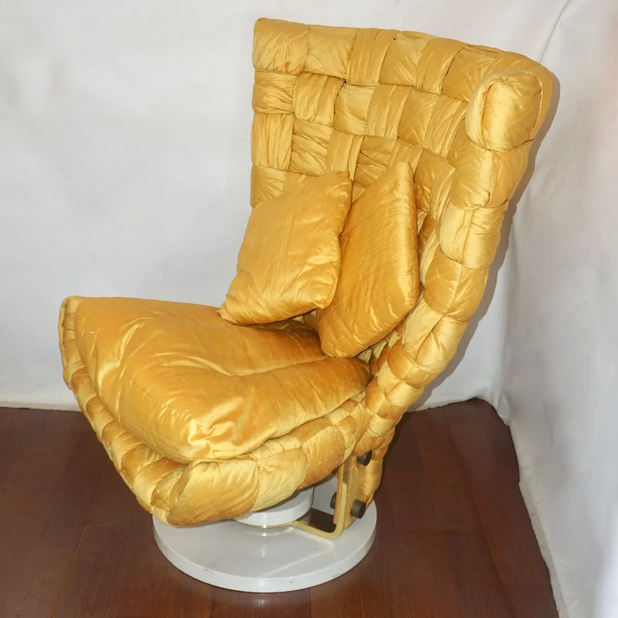 1970s Marzio Cecchi Italian Vintage Iconic Gold Yellow Silk Swivel Armchair