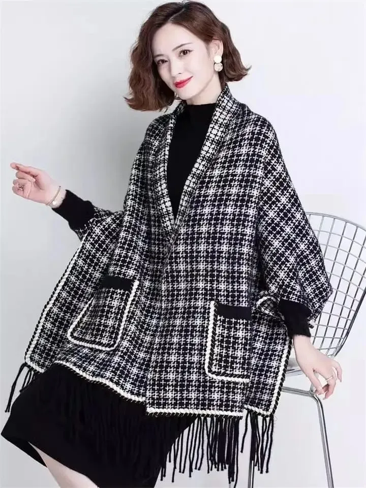 Autumn And Winter New Imitation Mink Velvet Tassel Shawl Women's Plaid Knitted Jacket B-367810