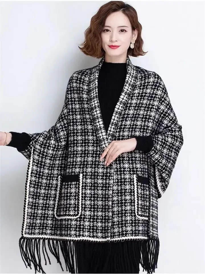 Autumn And Winter New Imitation Mink Velvet Tassel Shawl Women's Plaid Knitted Jacket B-367810