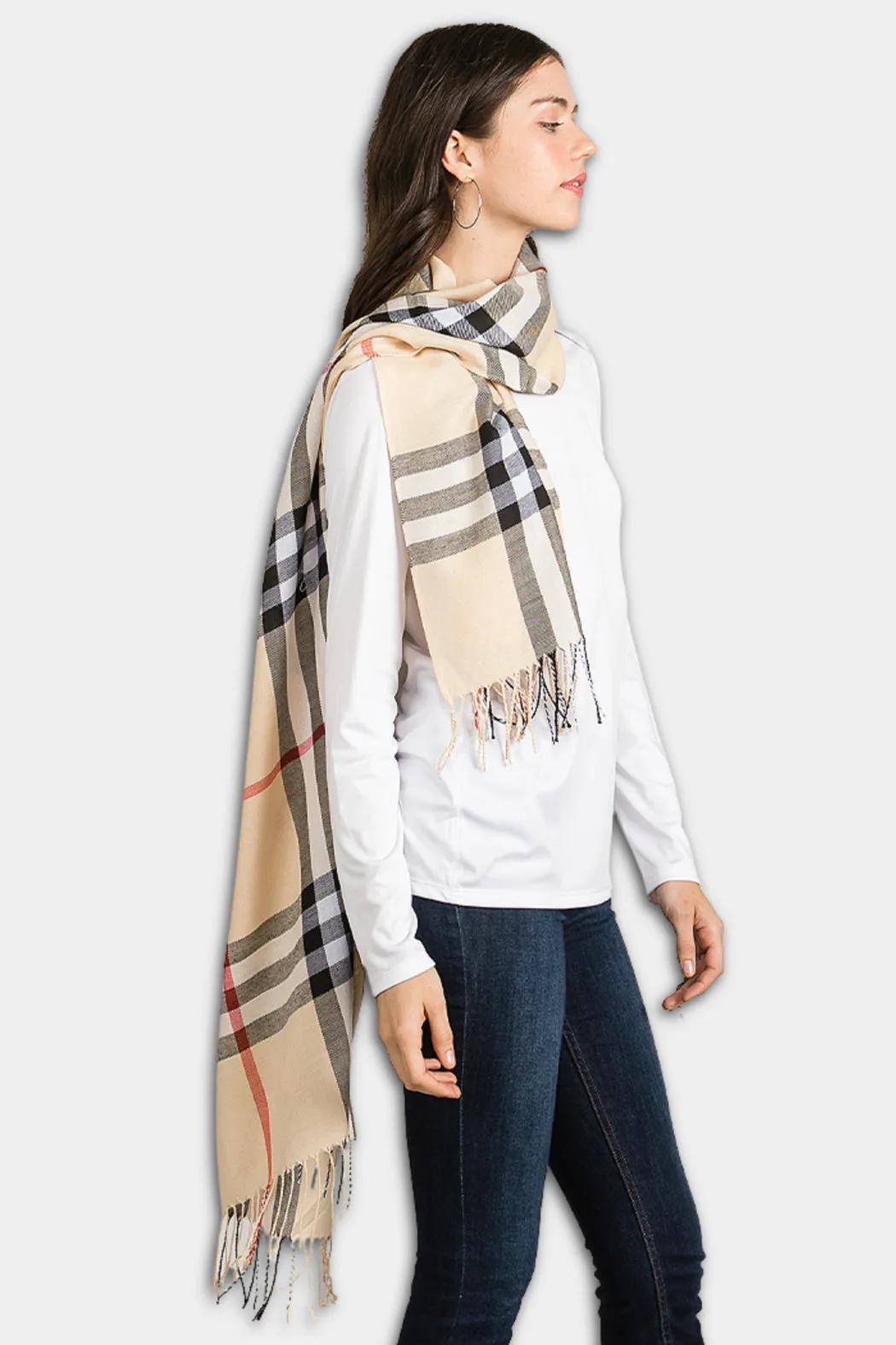 Beige Plaid Pashmina Scarf