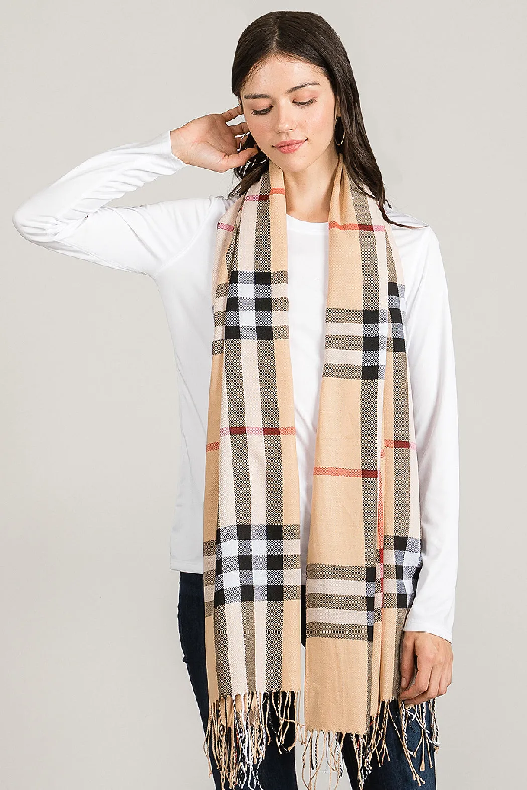 Beige Plaid Pashmina Scarf