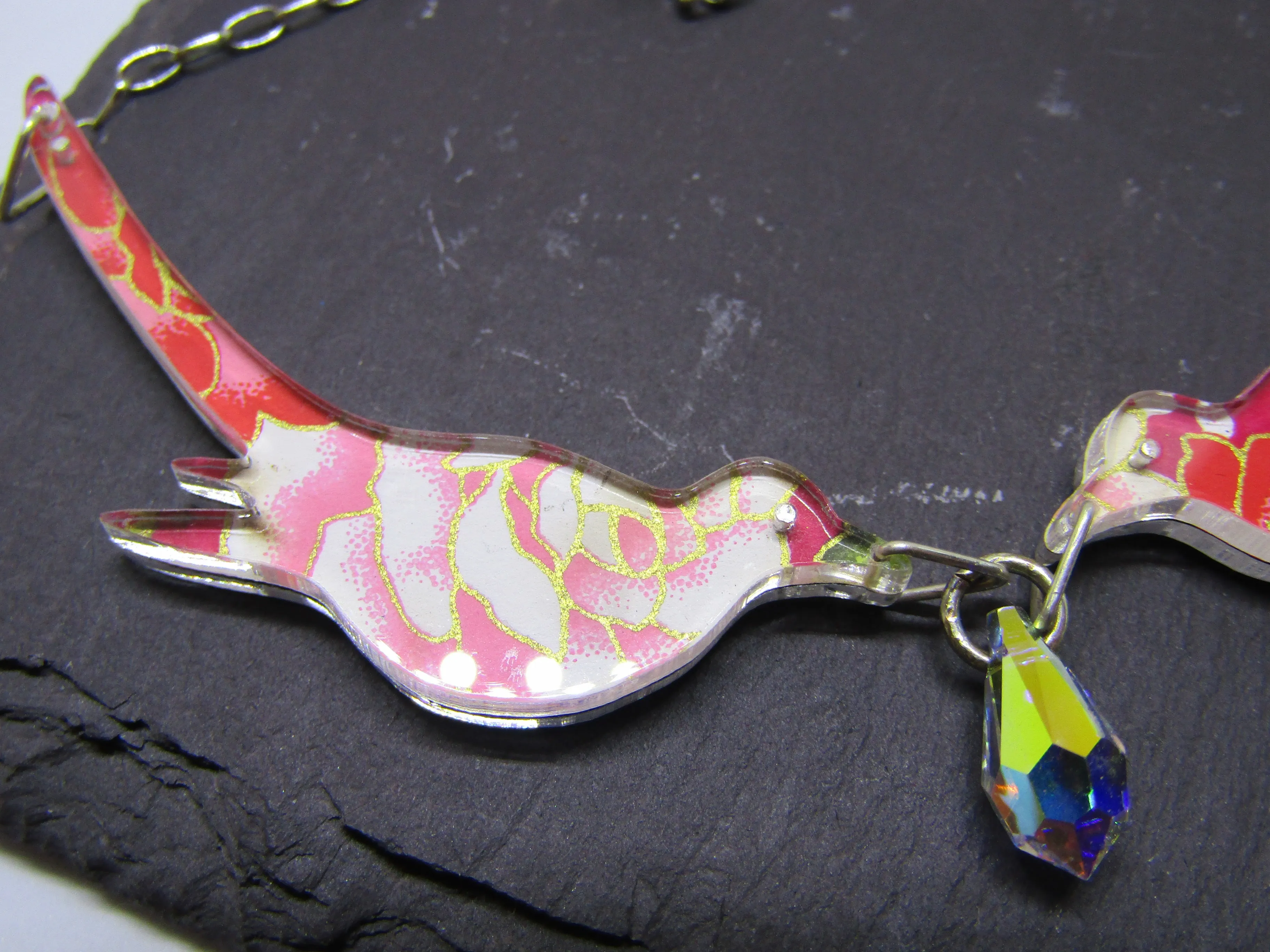 Birds Holding Crystal Design Reversible Necklace