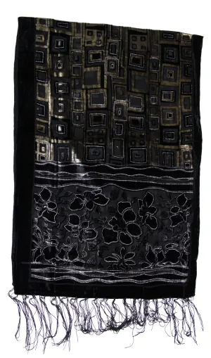 Black   Brown with Leaf   Rectangular Patterned Devore Velvet Scarf (156 x 54cm)