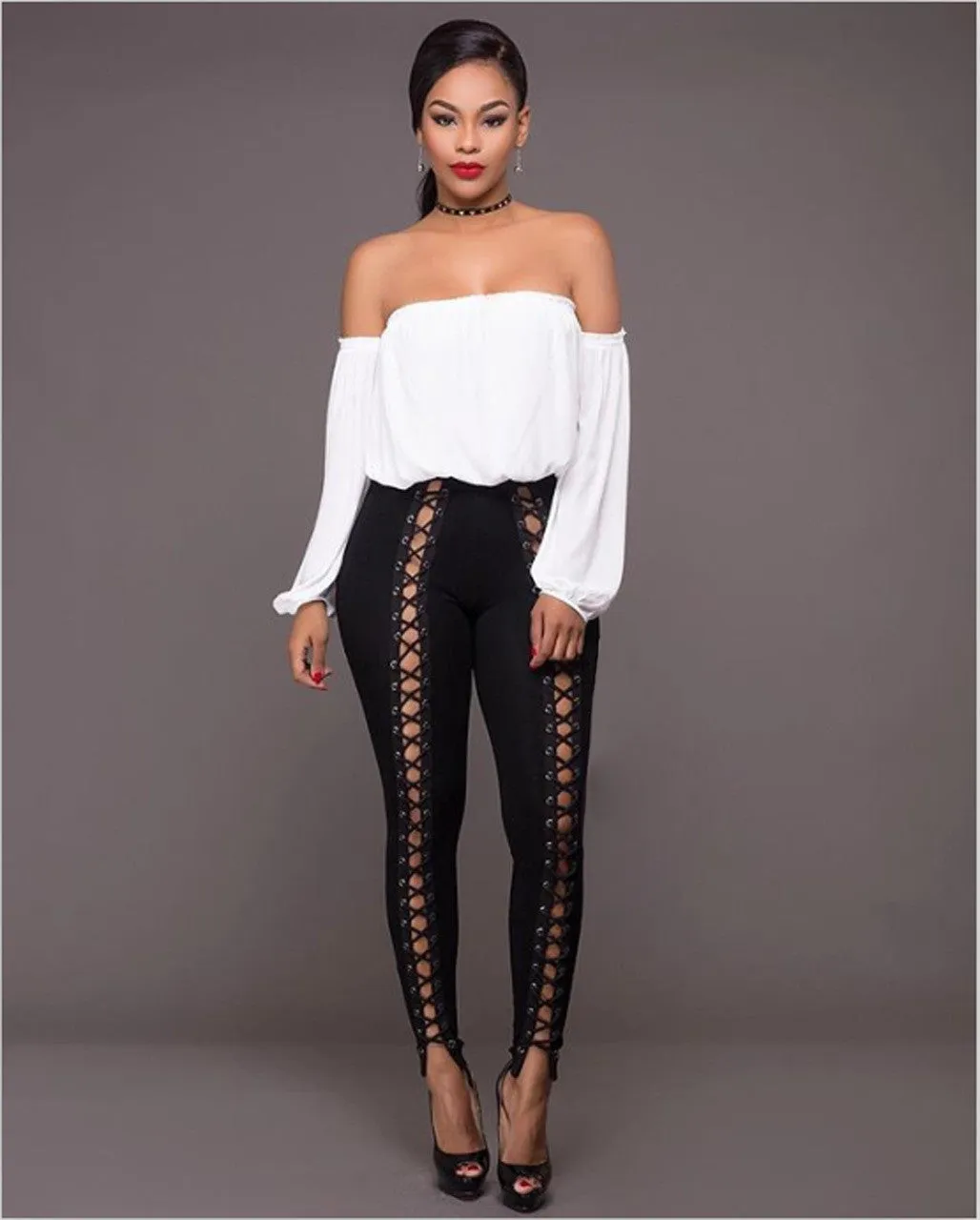 Black Hollow Out Lace Up Leg High Waist Pants