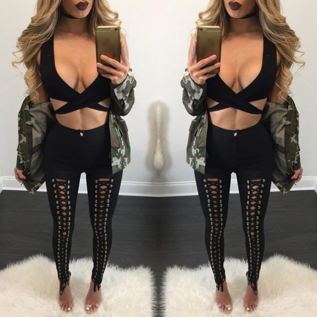 Black Hollow Out Lace Up Leg High Waist Pants