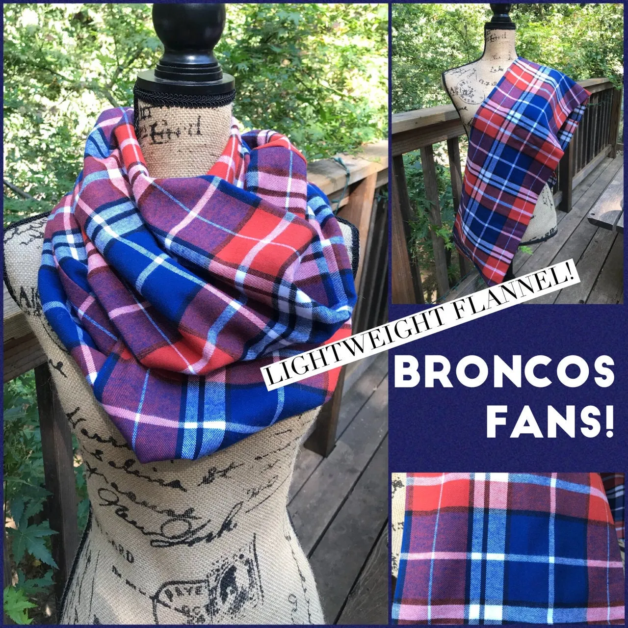 Blue and Orange Lightweight Flannel Plaid Infinity or Blanket Scarf Broncos Colors