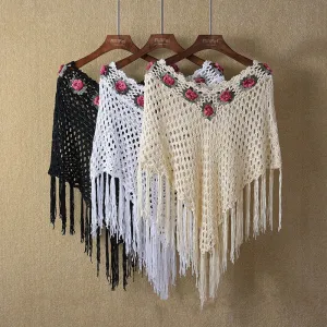 Cape Women High-grade Rose design Crochet Hook Flower Fringed Poncho Shawl