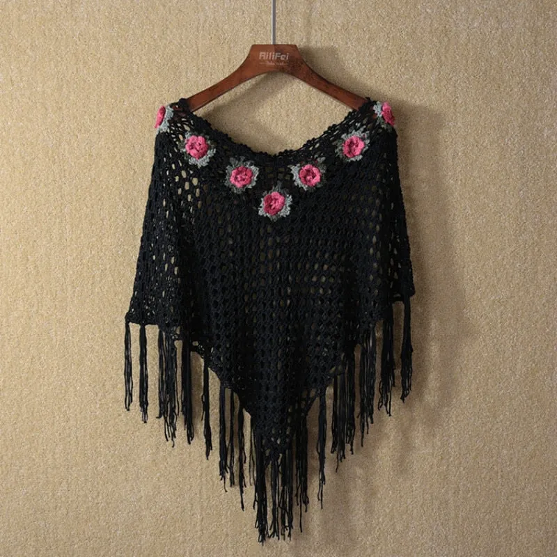 Cape Women High-grade Rose design Crochet Hook Flower Fringed Poncho Shawl