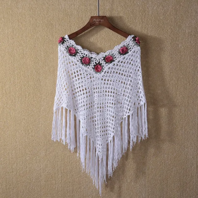 Cape Women High-grade Rose design Crochet Hook Flower Fringed Poncho Shawl