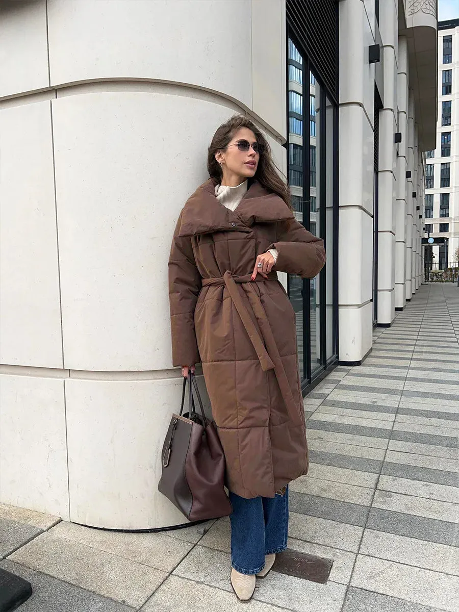 Chic Long puffer lapel collar coat belted long coat peacoat