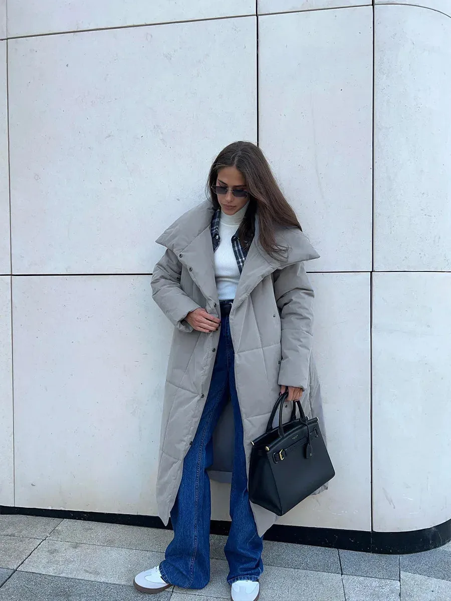 Chic Long puffer lapel collar coat belted long coat peacoat