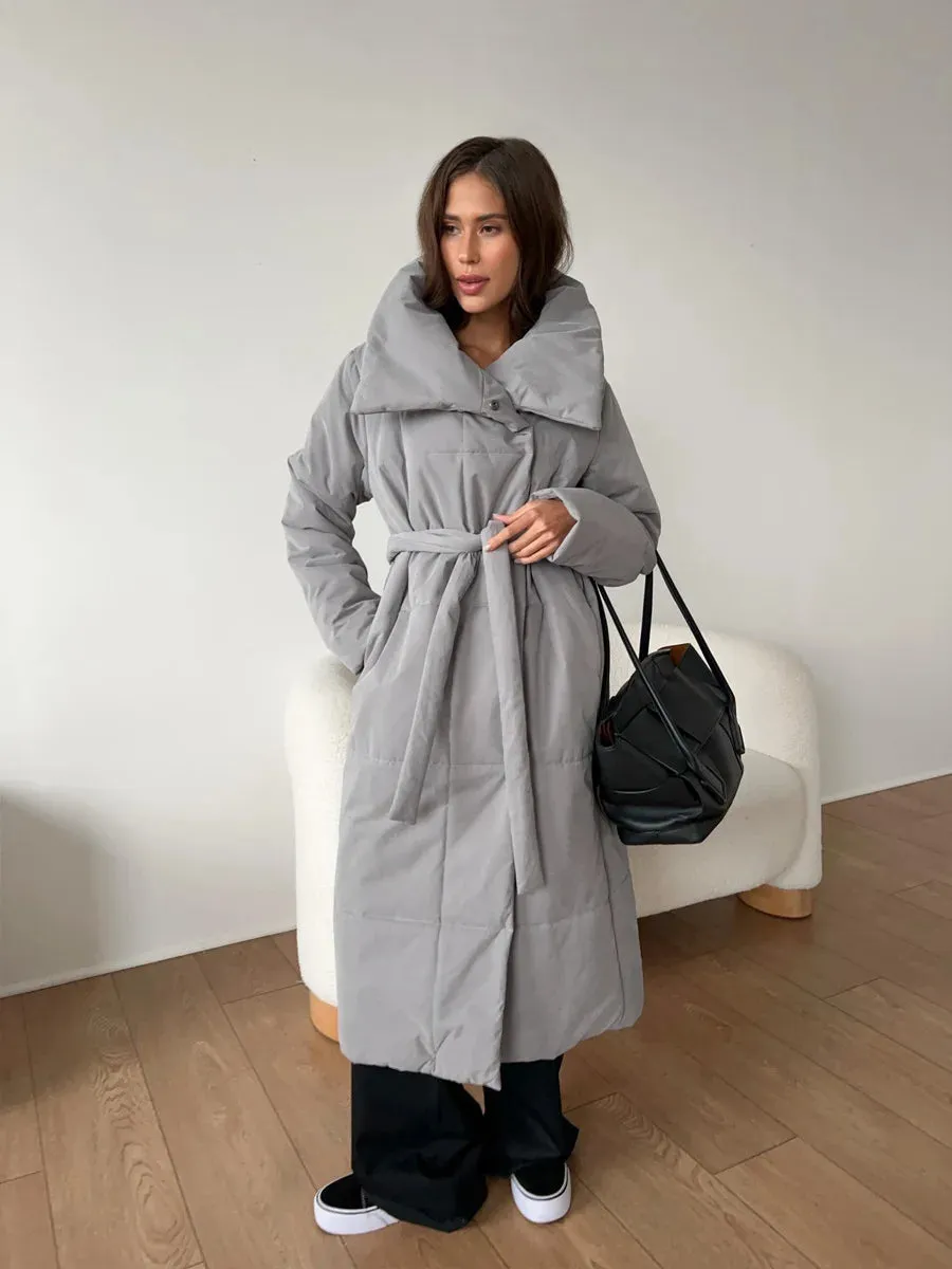 Chic Long puffer lapel collar coat belted long coat peacoat