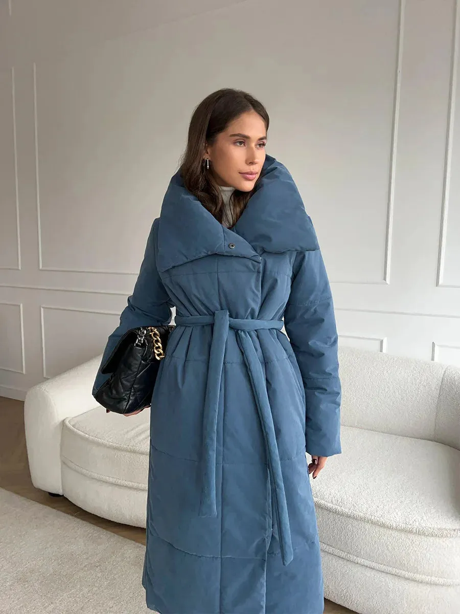 Chic Long puffer lapel collar coat belted long coat peacoat