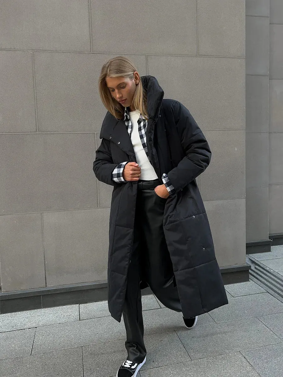 Chic Long puffer lapel collar coat belted long coat peacoat