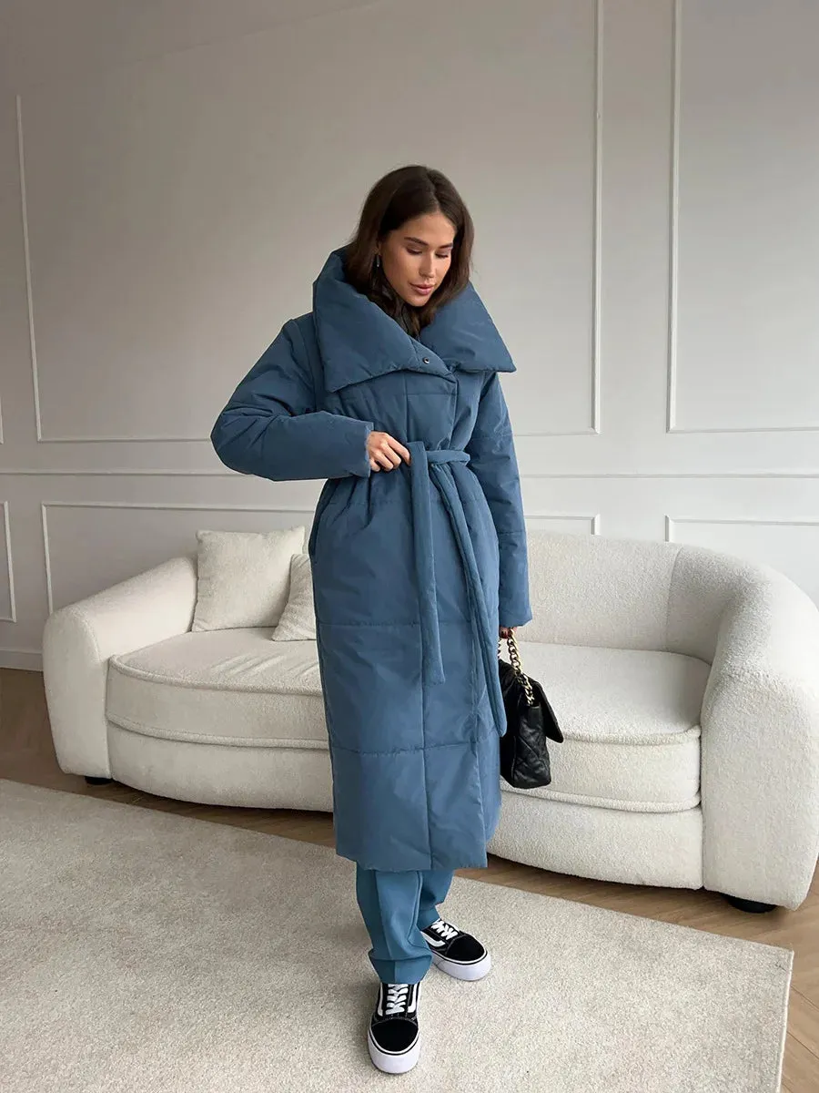 Chic Long puffer lapel collar coat belted long coat peacoat