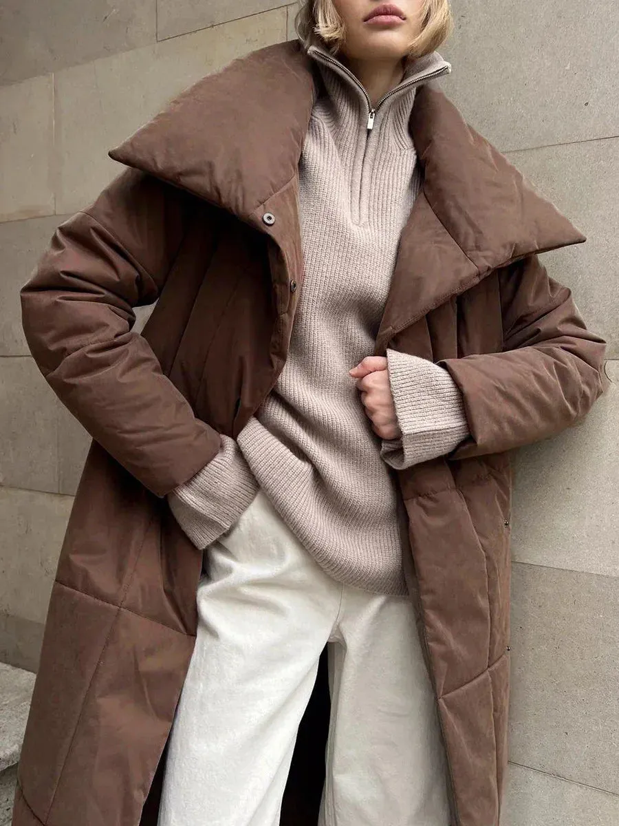 Chic Long puffer lapel collar coat belted long coat peacoat