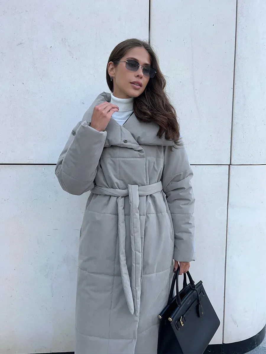 Chic Long puffer lapel collar coat belted long coat peacoat