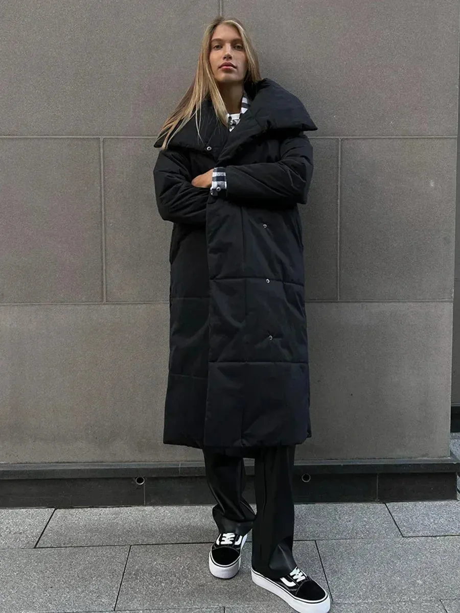 Chic Long puffer lapel collar coat belted long coat peacoat