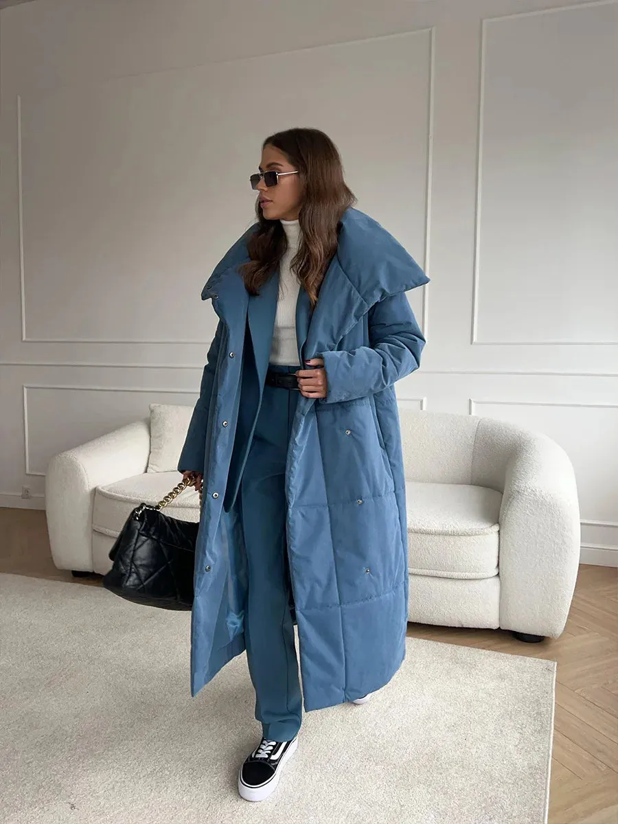 Chic Long puffer lapel collar coat belted long coat peacoat