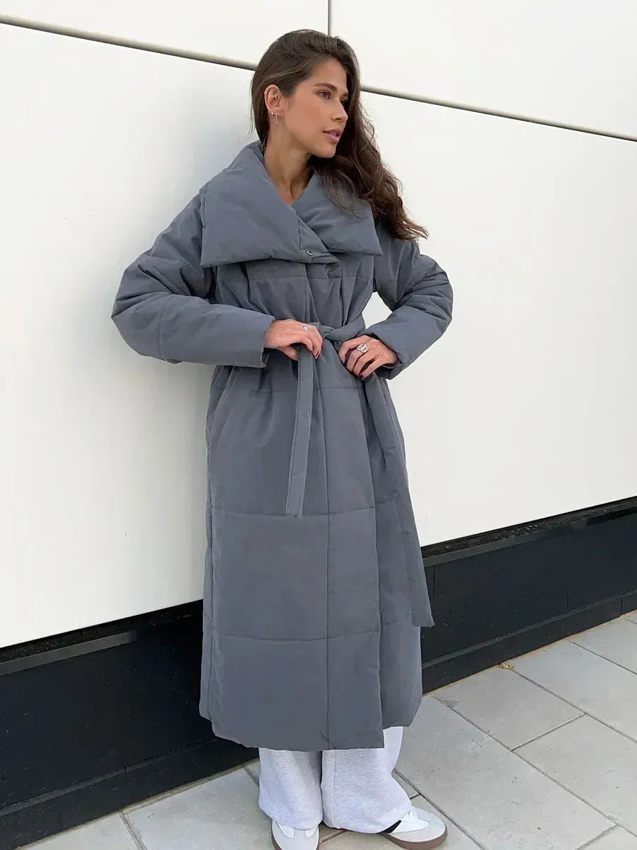 Chic Long puffer lapel collar coat belted long coat peacoat