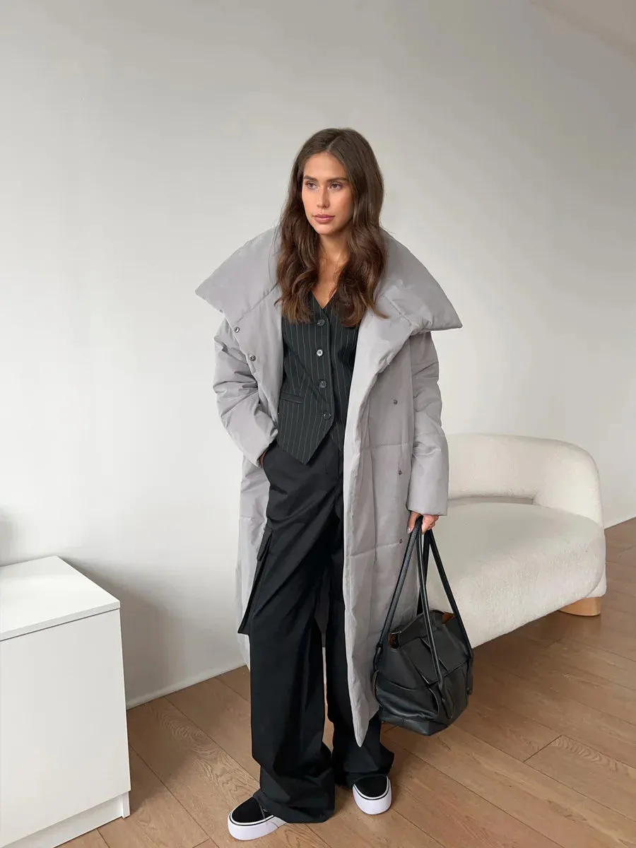 Chic Long puffer lapel collar coat belted long coat peacoat