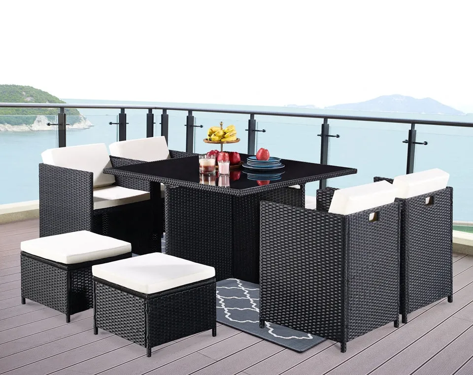 Cube Rattan Garden Furniture 9 Piece Set with Free Cover Included, Black