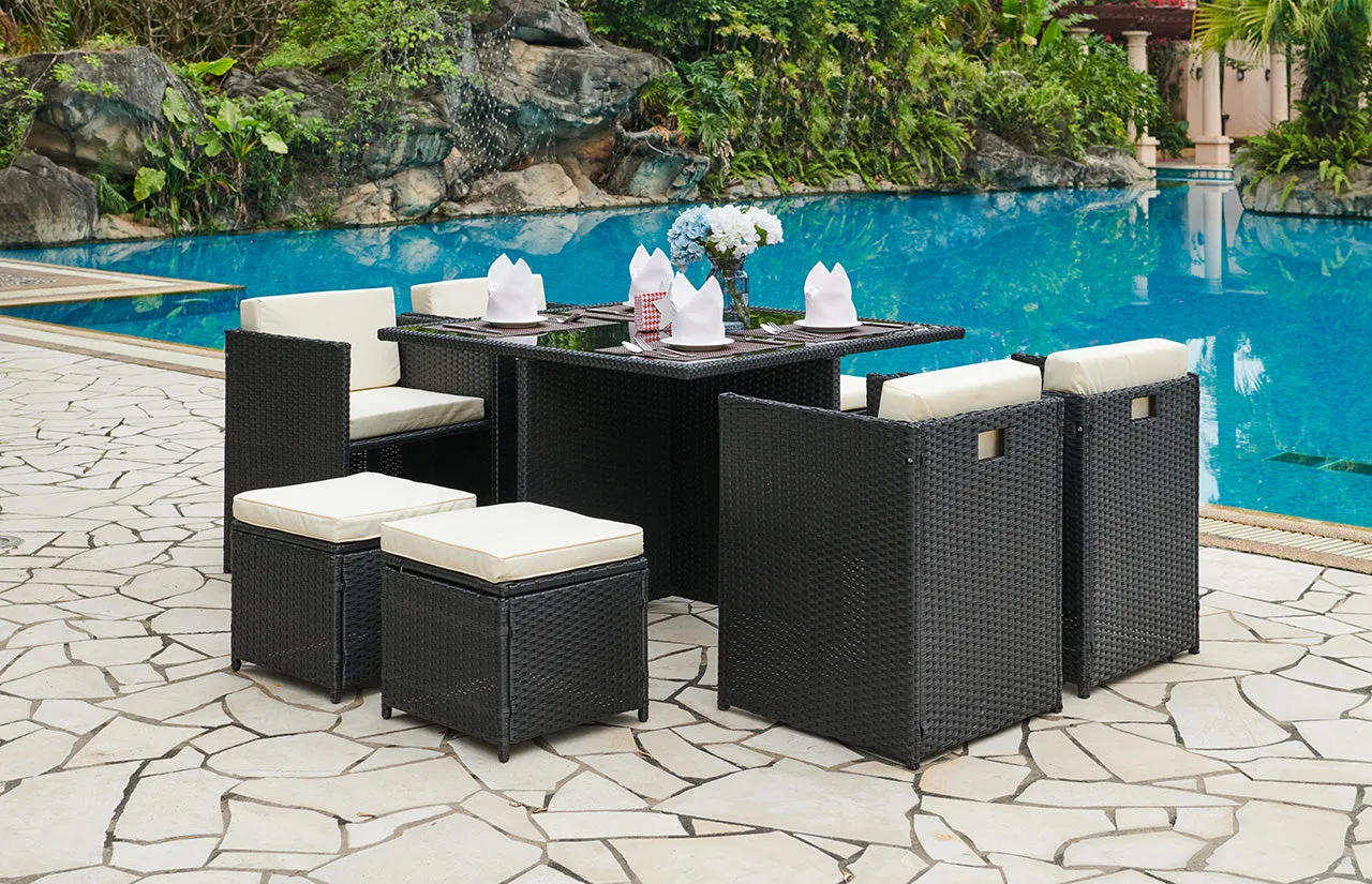 Cube Rattan Garden Furniture 9 Piece Set with Free Cover Included, Black