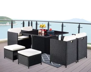 Cube Rattan Garden Furniture 9 Piece Set with Free Cover Included, Black