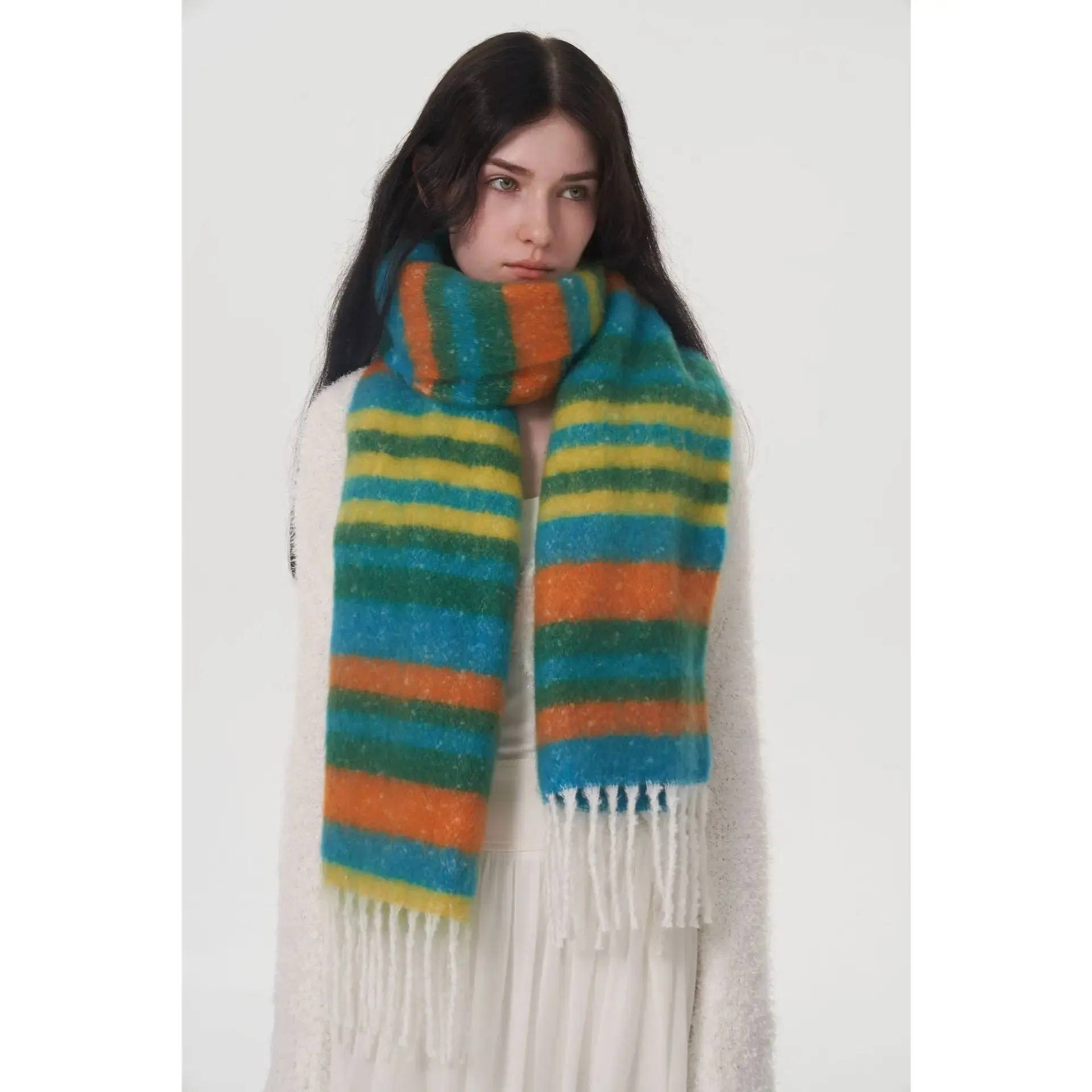 Designer Style Rainbow Striped Autumn Winter Warm Thick Muffler Scarf