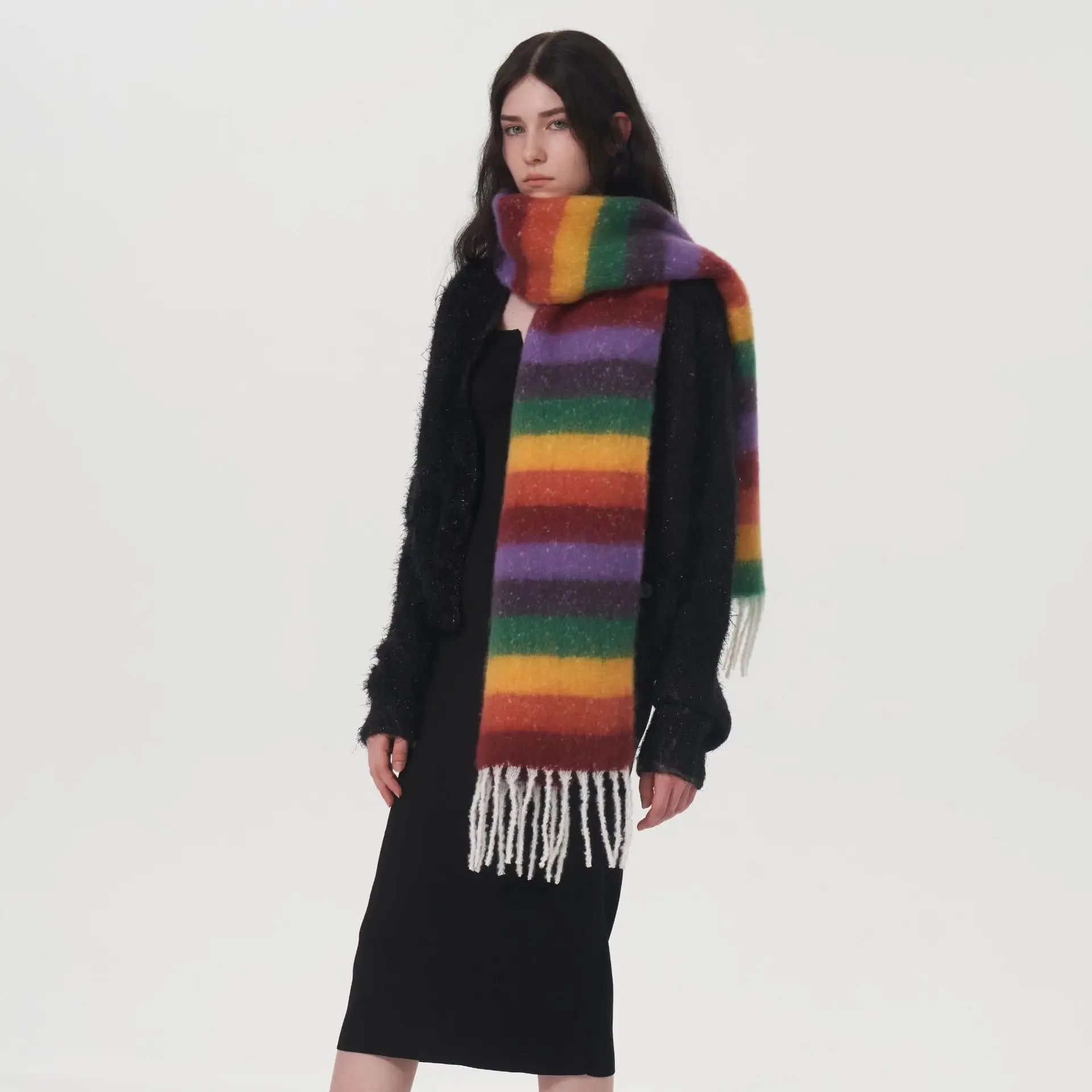 Designer Style Rainbow Striped Autumn Winter Warm Thick Muffler Scarf