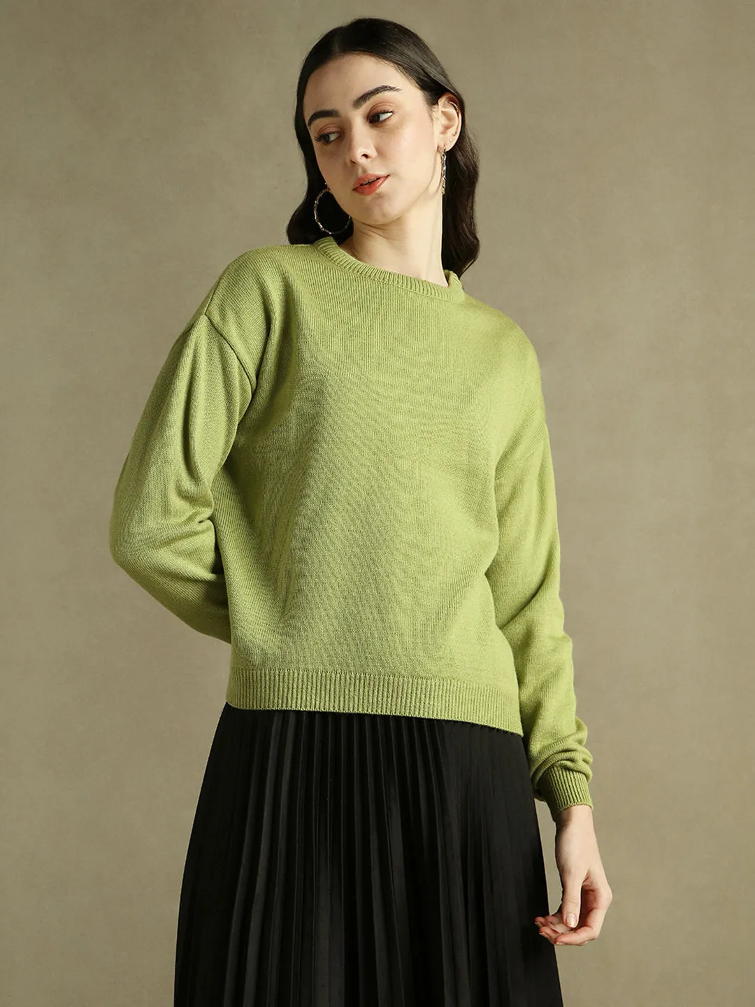 DL Woman Round Neck Green Black Full Sleeves Pullover Sweater