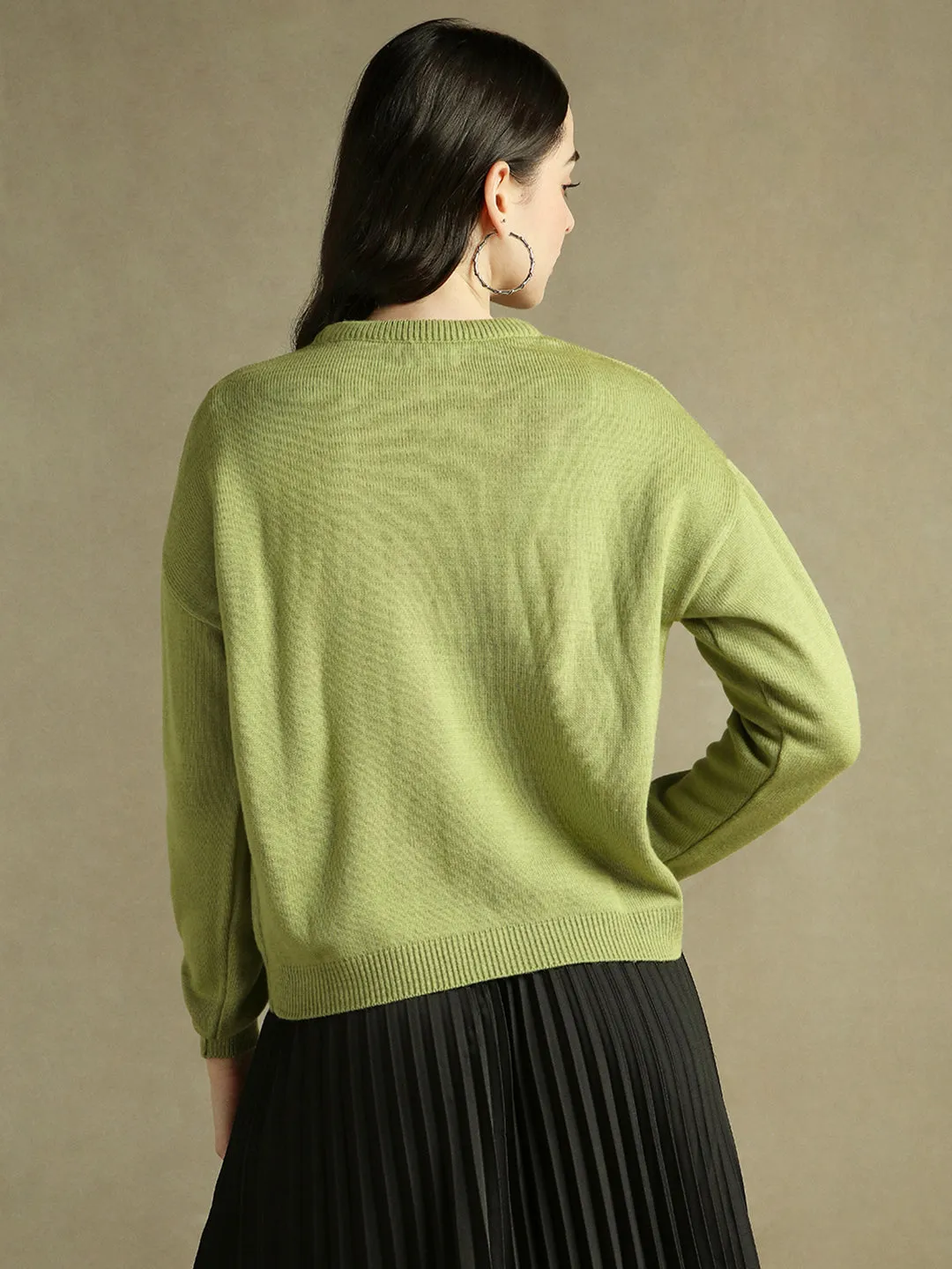 DL Woman Round Neck Green Black Full Sleeves Pullover Sweater