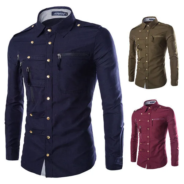 Fashion Slim Zipper Pockets Band Collar Designer Shirts for Men