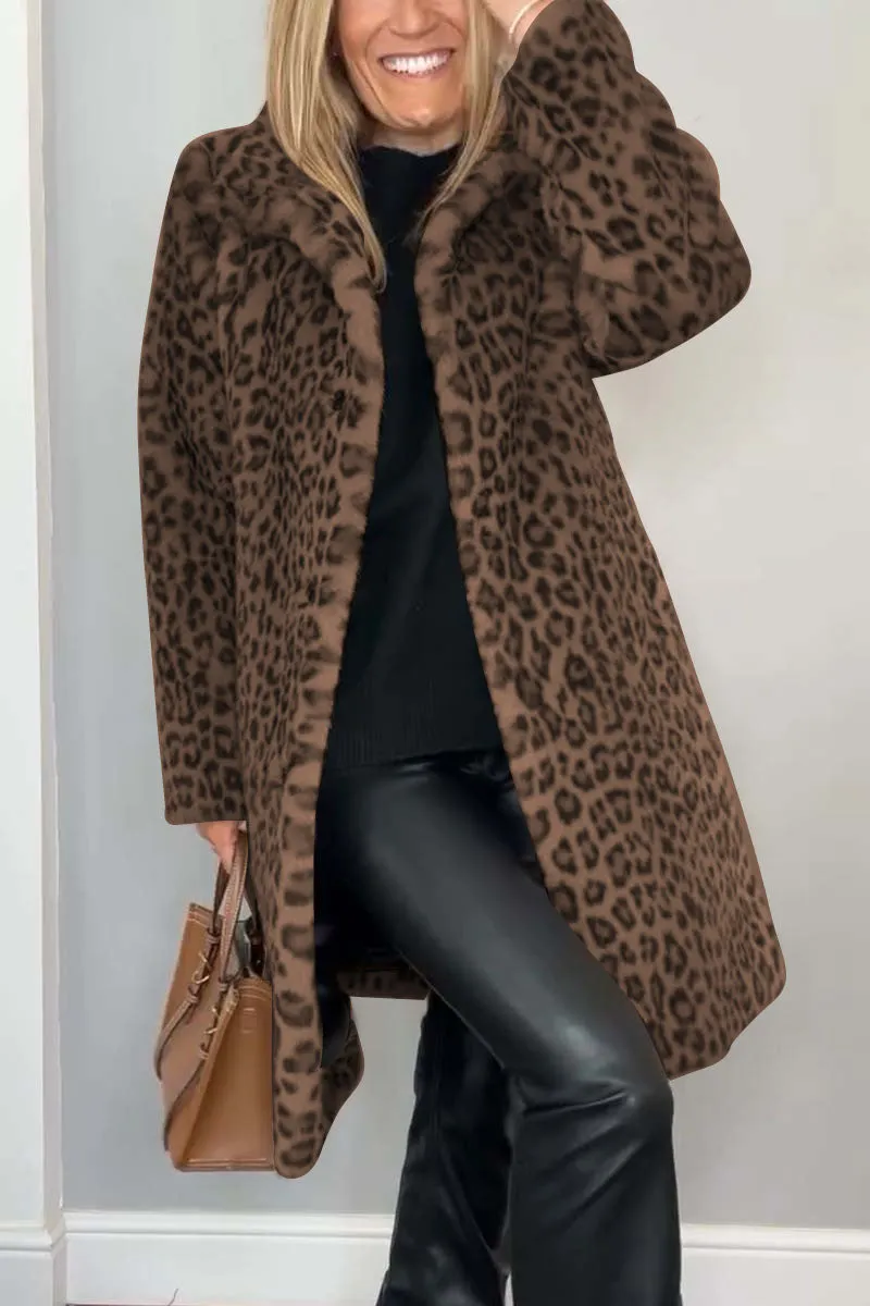 Fashionable Women's Winter Faux Fur Coat With Leopard Print Lapel | Ideal for Winter