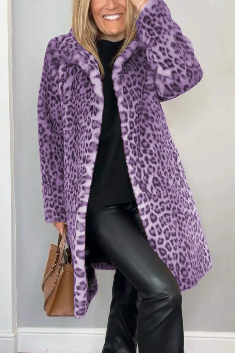 Fashionable Women's Winter Faux Fur Coat With Leopard Print Lapel | Ideal for Winter