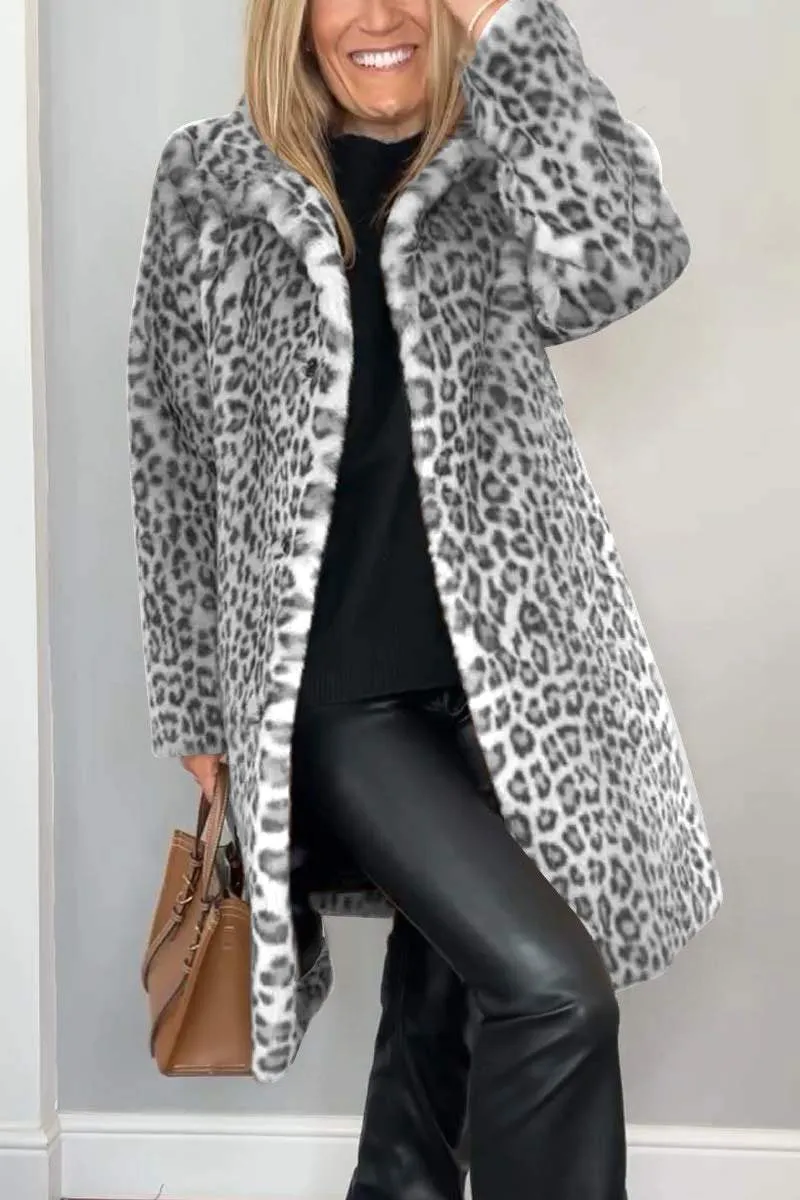 Fashionable Women's Winter Faux Fur Coat With Leopard Print Lapel | Ideal for Winter