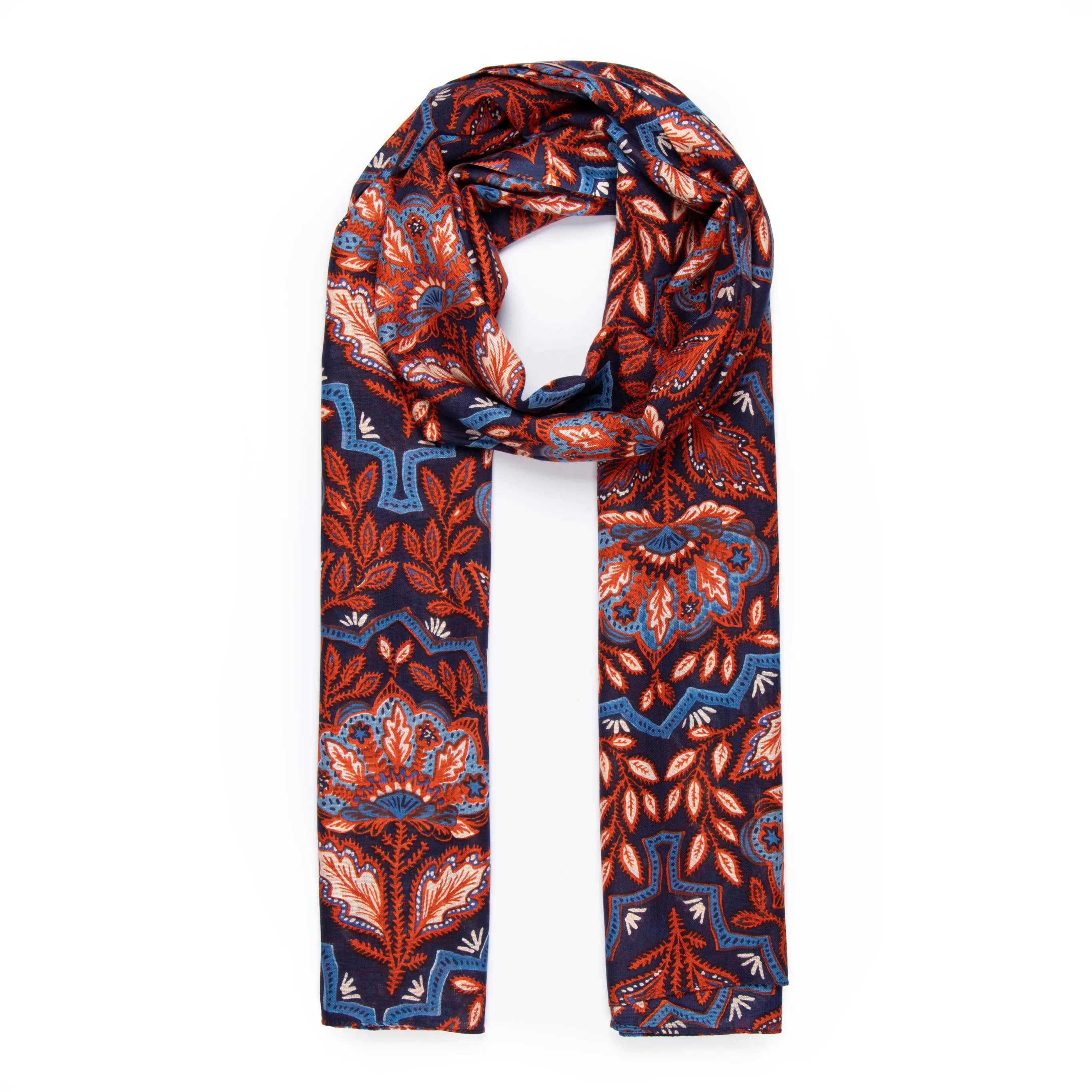 Fern Lightweight Scarf - Blue/Coral, Floral Mosaic