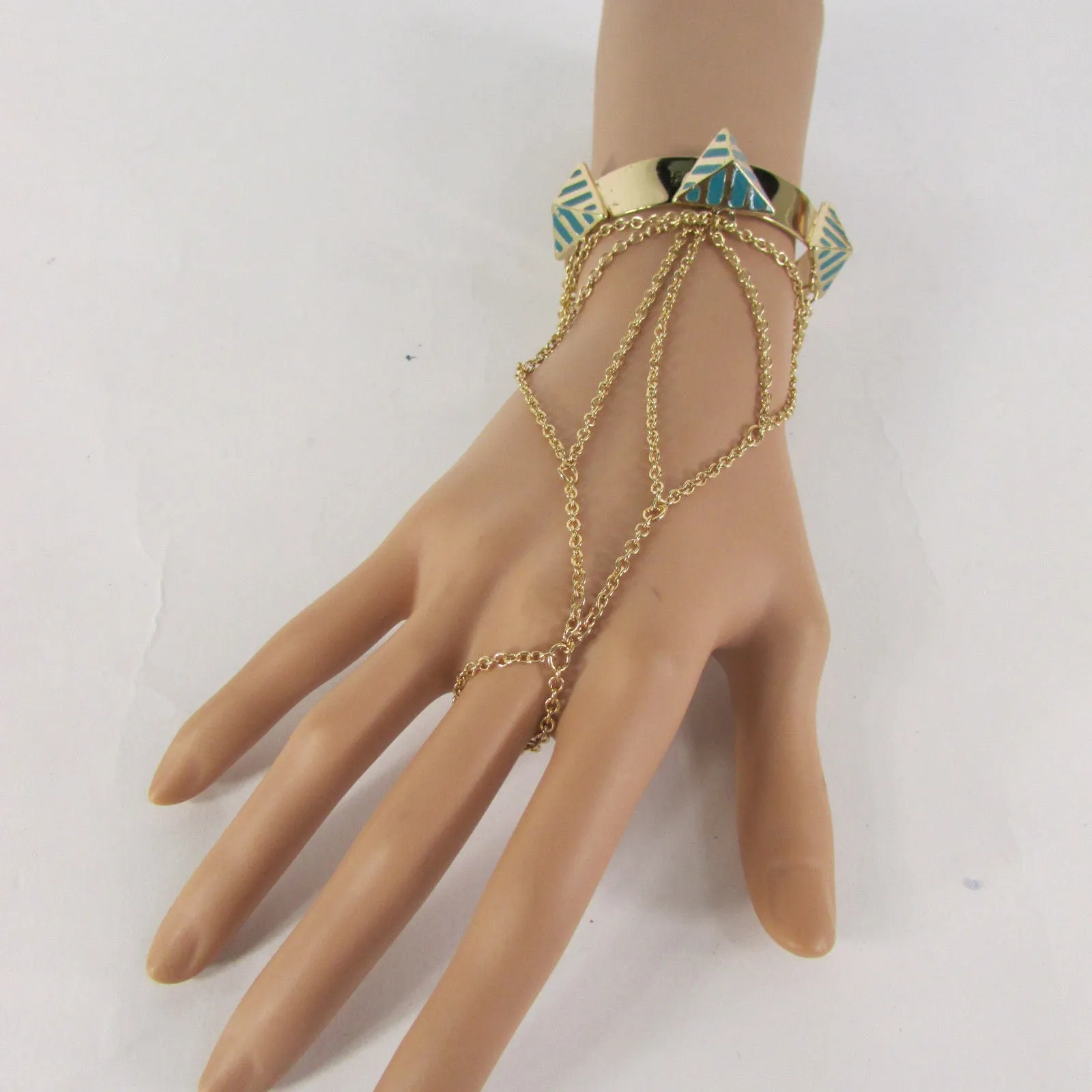 Gold Metal Hand Chain Bracelet Cuff Adjustable Ring Blue Turquoise Blue White Orange Pyramid Style Accessories