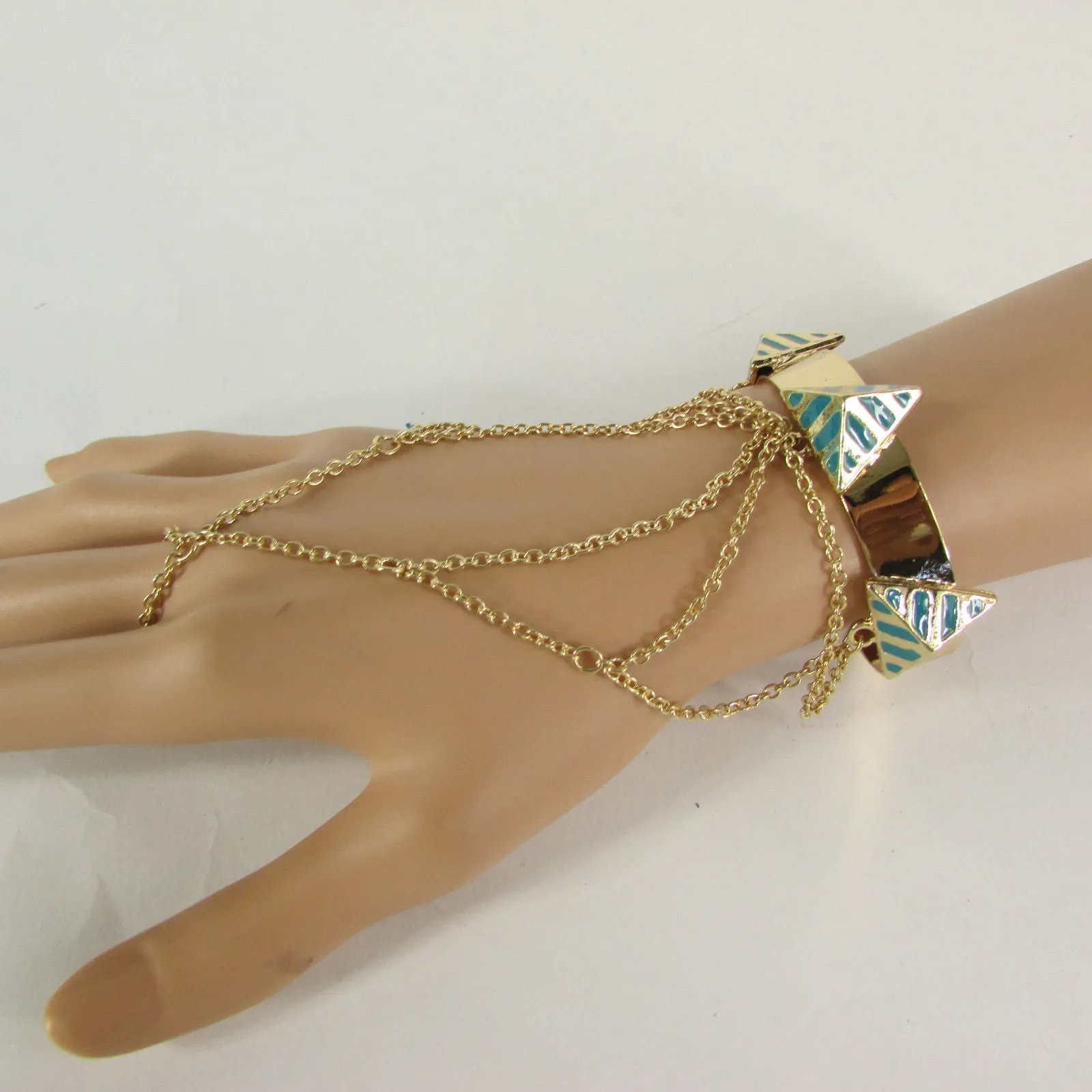 Gold Metal Hand Chain Bracelet Cuff Adjustable Ring Blue Turquoise Blue White Orange Pyramid Style Accessories