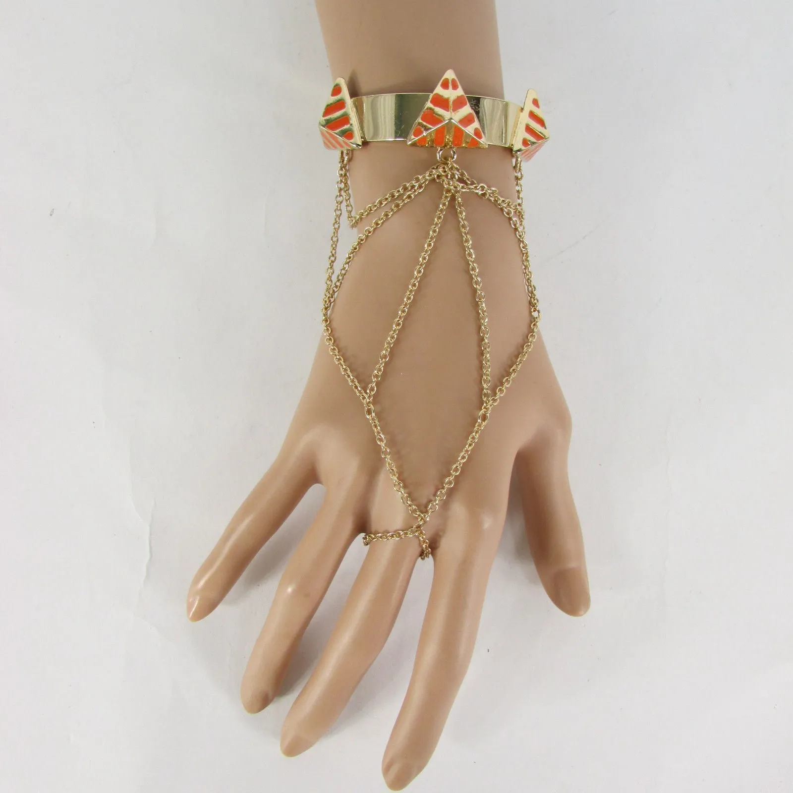 Gold Metal Hand Chain Bracelet Cuff Adjustable Ring Blue Turquoise Blue White Orange Pyramid Style Accessories