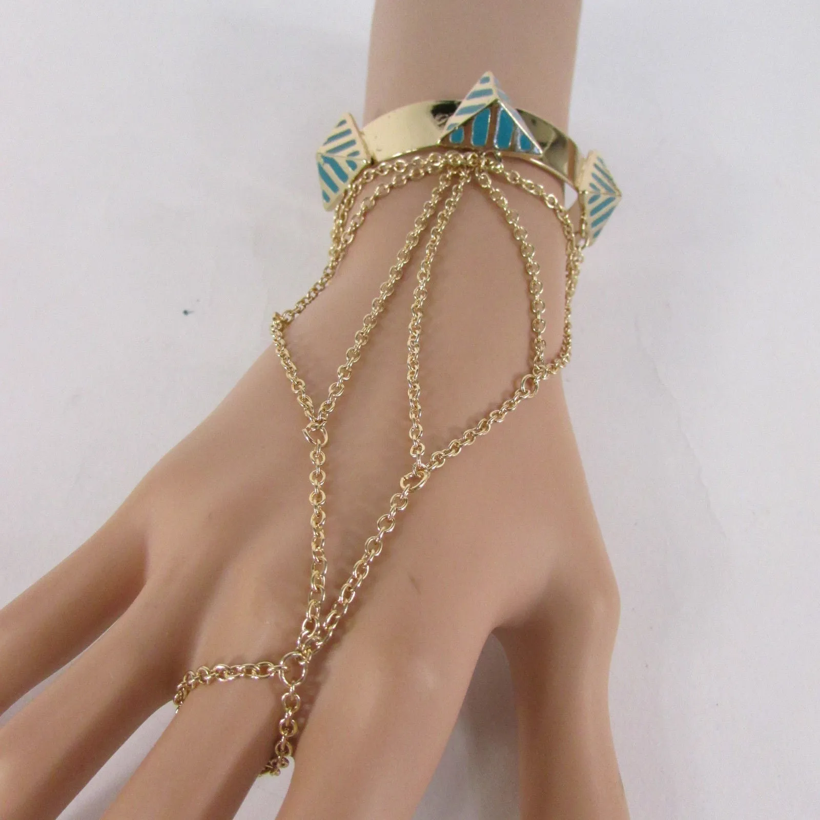 Gold Metal Hand Chain Bracelet Cuff Adjustable Ring Blue Turquoise Blue White Orange Pyramid Style Accessories