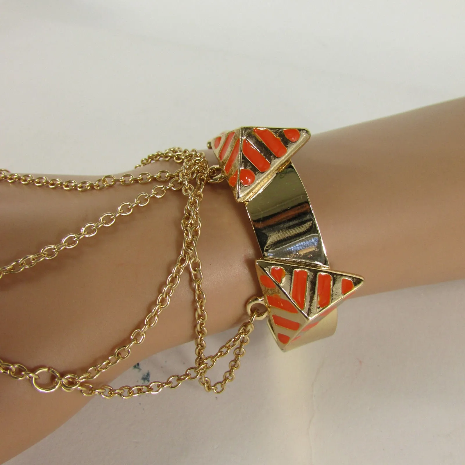 Gold Metal Hand Chain Bracelet Cuff Adjustable Ring Blue Turquoise Blue White Orange Pyramid Style Accessories