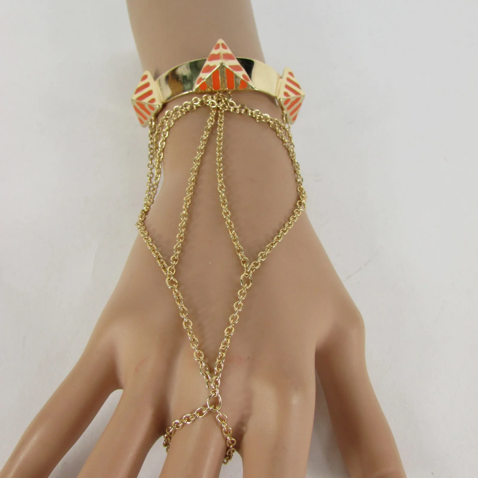 Gold Metal Hand Chain Bracelet Cuff Adjustable Ring Blue Turquoise Blue White Orange Pyramid Style Accessories