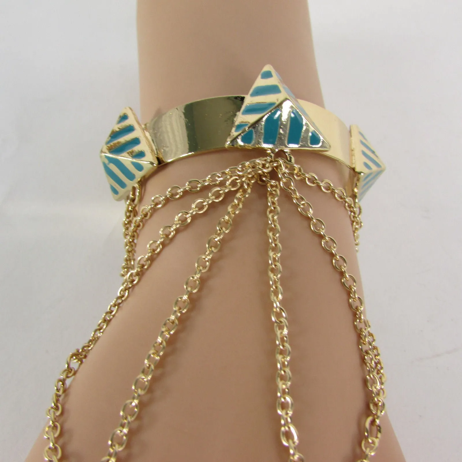 Gold Metal Hand Chain Bracelet Cuff Adjustable Ring Blue Turquoise Blue White Orange Pyramid Style Accessories