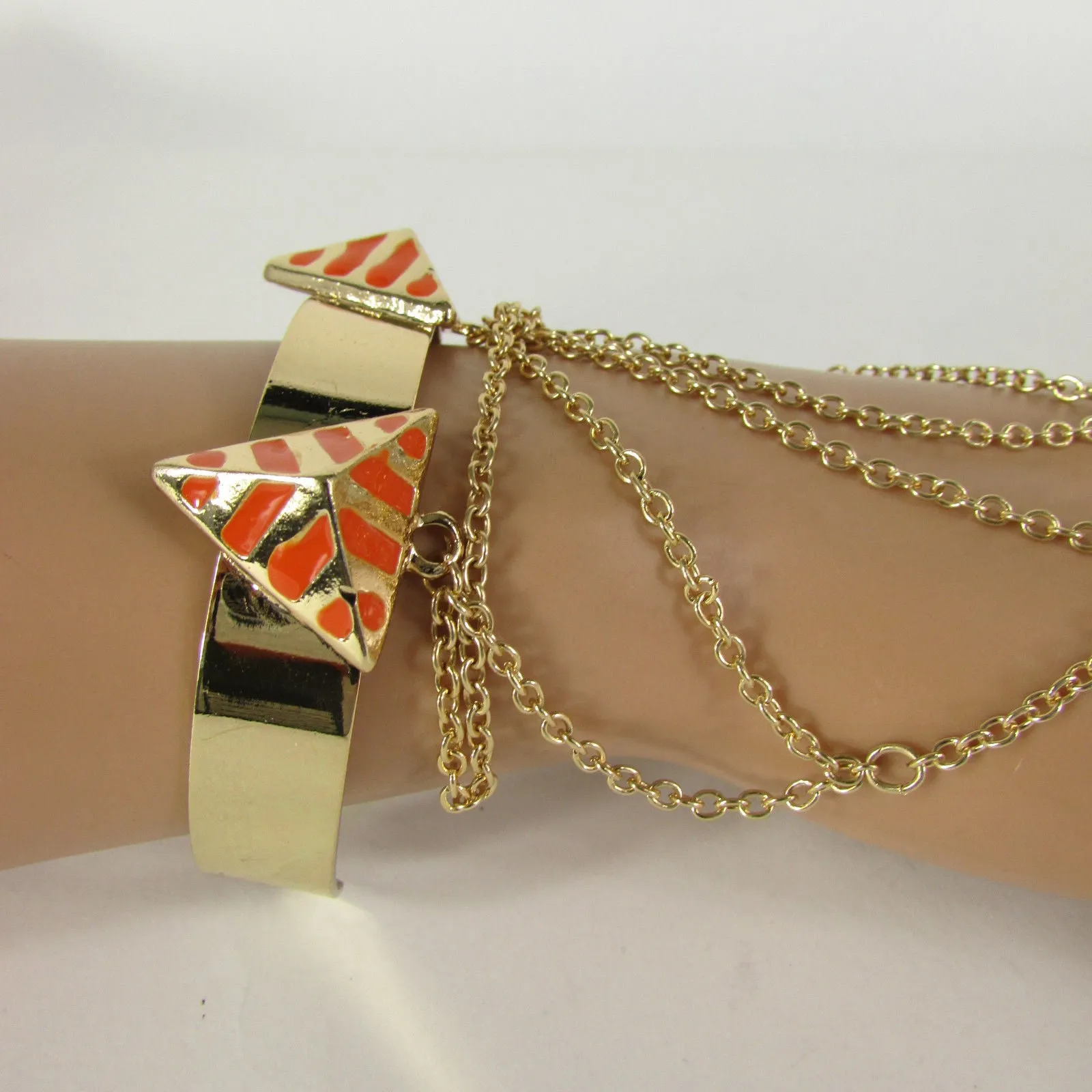 Gold Metal Hand Chain Bracelet Cuff Adjustable Ring Blue Turquoise Blue White Orange Pyramid Style Accessories