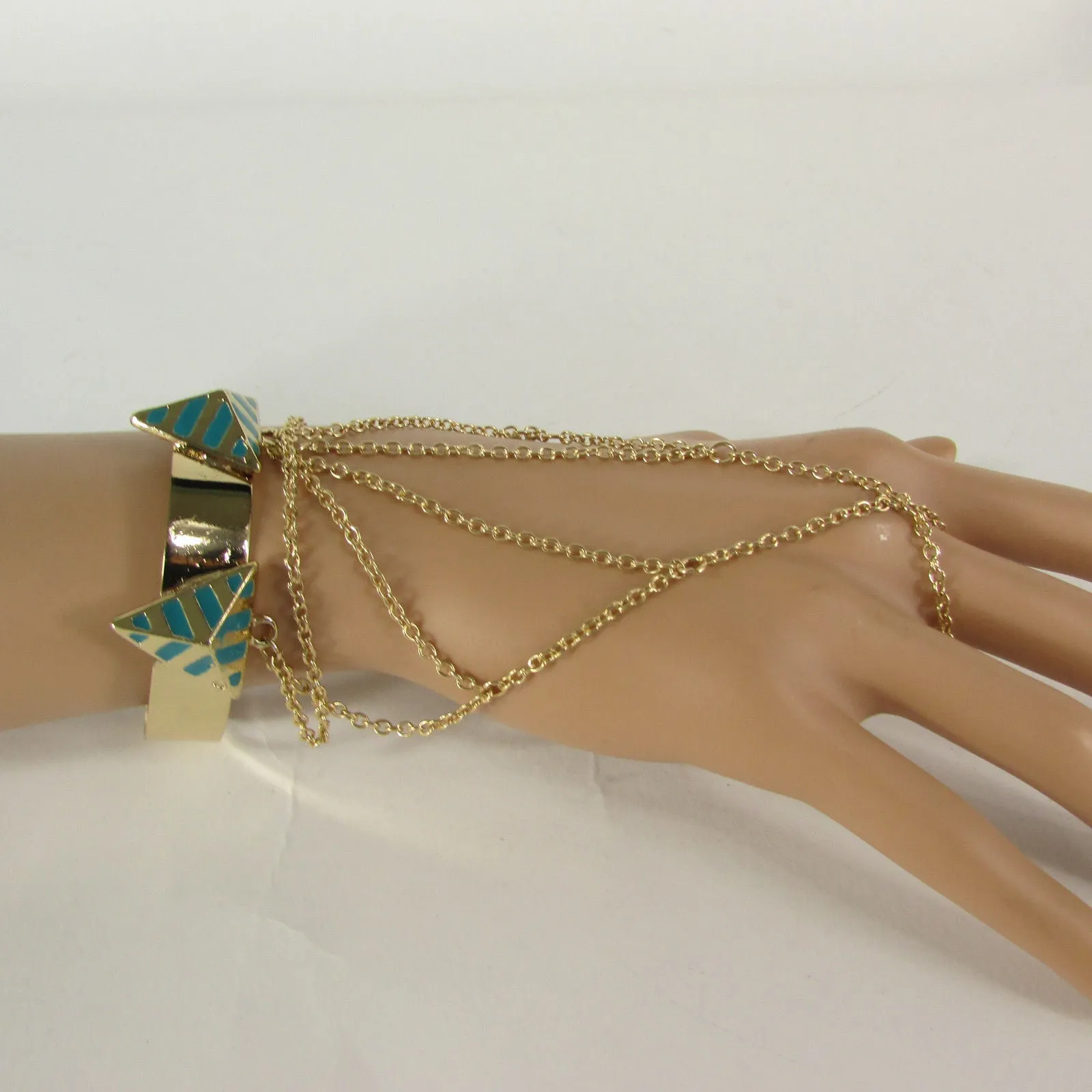 Gold Metal Hand Chain Bracelet Cuff Adjustable Ring Blue Turquoise Blue White Orange Pyramid Style Accessories