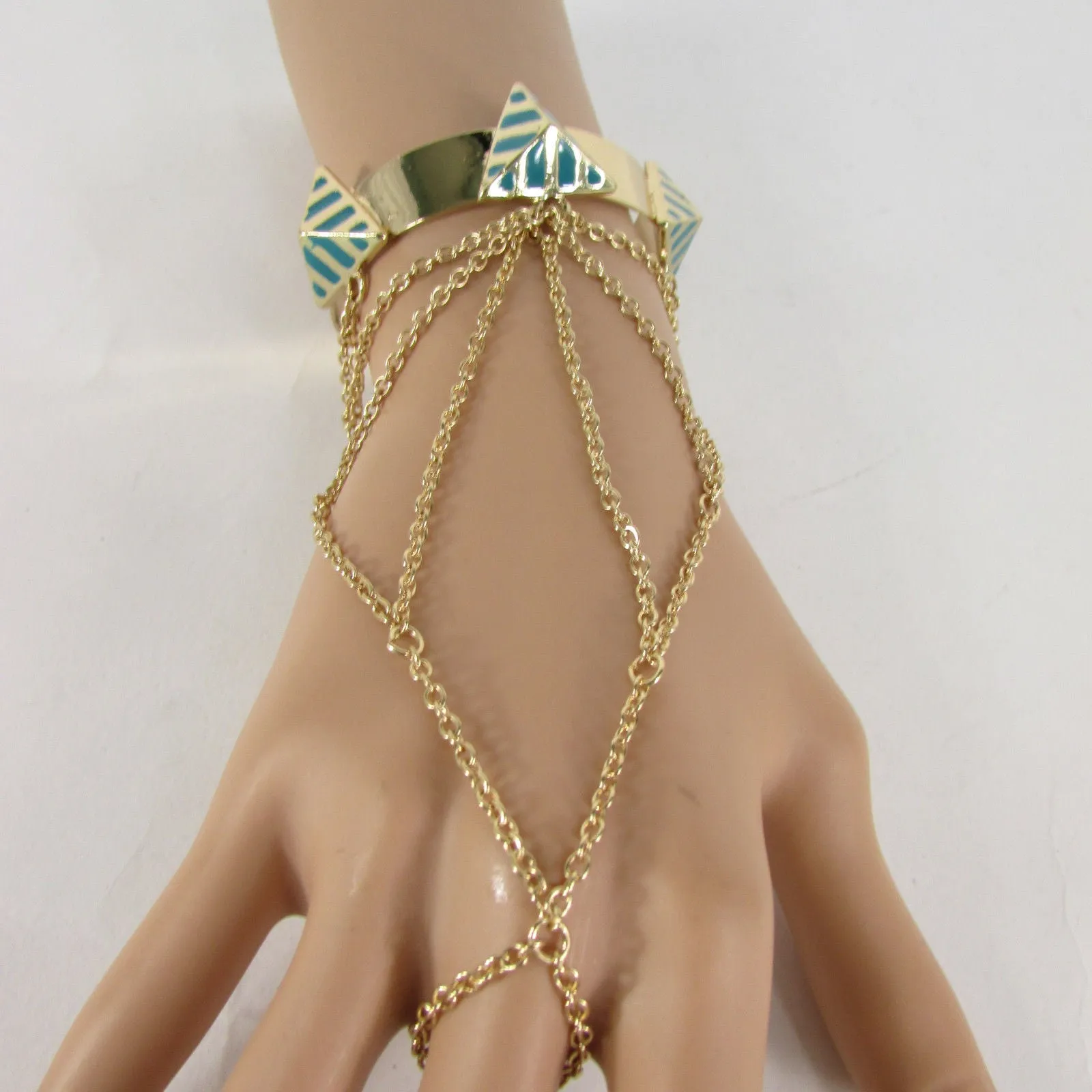 Gold Metal Hand Chain Bracelet Cuff Adjustable Ring Blue Turquoise Blue White Orange Pyramid Style Accessories