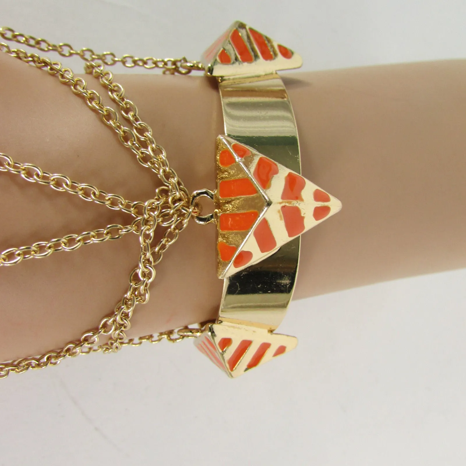 Gold Metal Hand Chain Bracelet Cuff Adjustable Ring Blue Turquoise Blue White Orange Pyramid Style Accessories